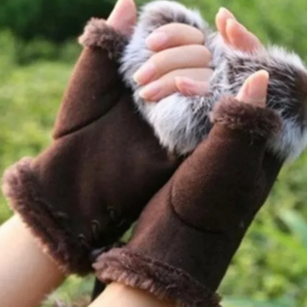 NWT Barbiecore‎ brown faux rabbit fur winter fingerless gloves (#1,045)